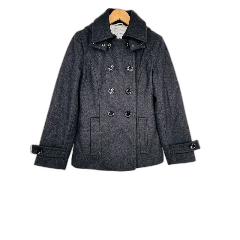 Calvin Klein Women Wool Blend Double Breasted Peacoat Dark Gray Size 6